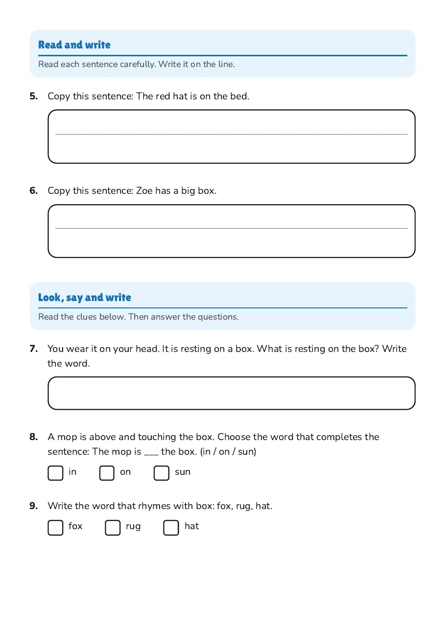 Sound-to-Writing Practice, page 2 of 3: Read and write, Look, say and write