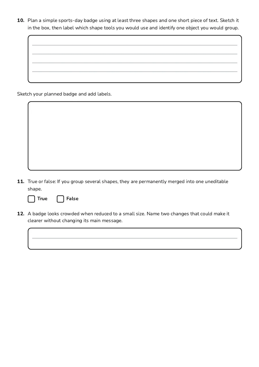 Design Software Essentials, page 3 of 3: 10. Plan a simple sports-day badge using at least three shapes and one short piece of…