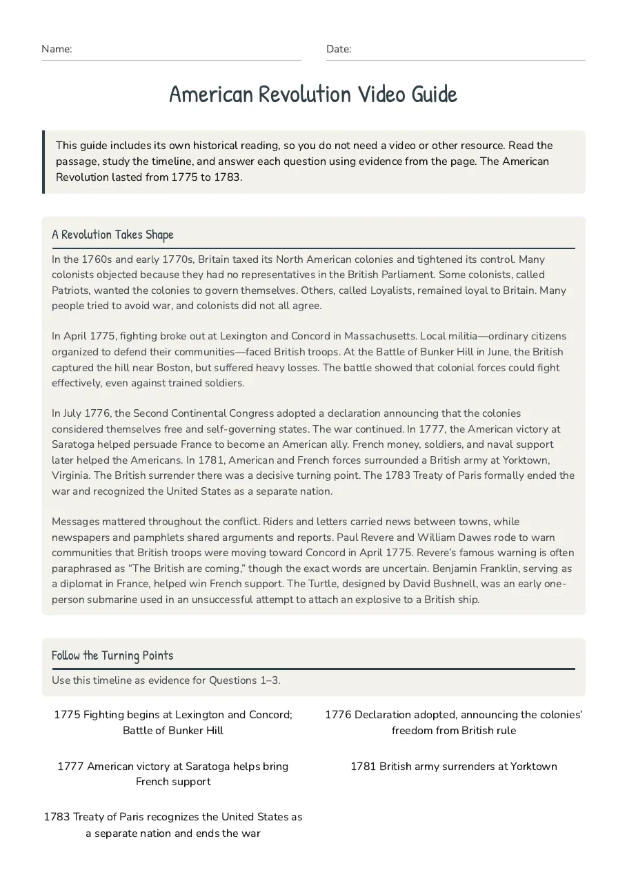 American Revolution Video Guide, page 1 of 4: A Revolution Takes Shape, Follow the Turning Points