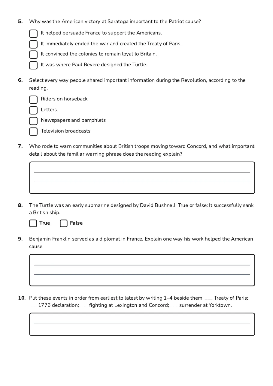 American Revolution Video Guide, page 3 of 4: 5. Why was the American victory at Saratoga important to the Patriot cause?