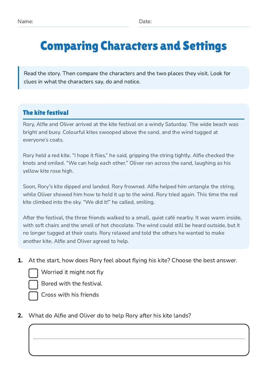 Comparing Characters and Settings, page 1 of 3: The kite festival