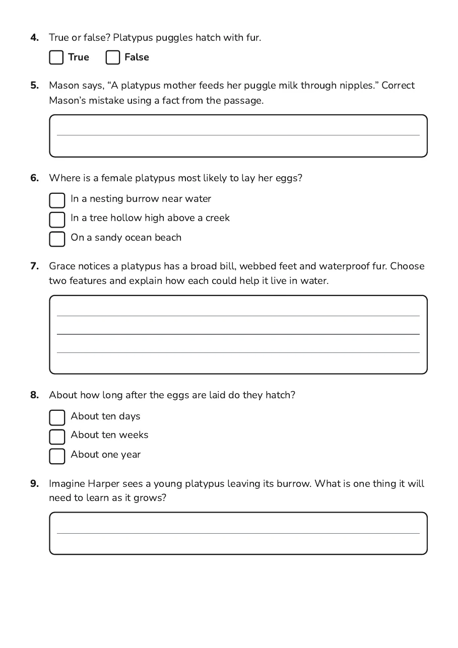 Platypus Life Cycle Worksheet, page 2 of 3: 4. True or false? Platypus puggles hatch with fur.