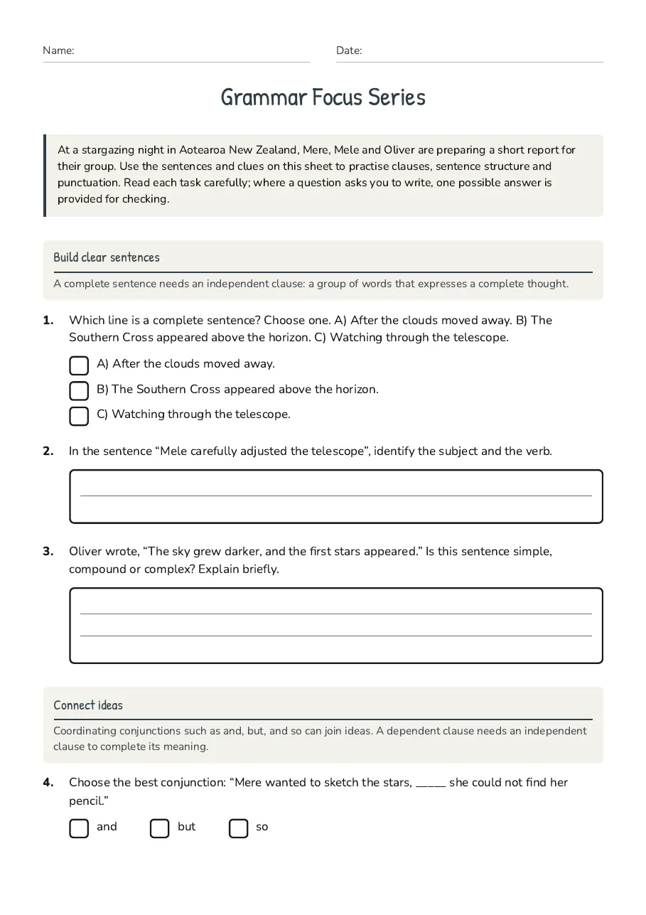 Grammar Focus Series, page 1 of 3: Build clear sentences, Connect ideas