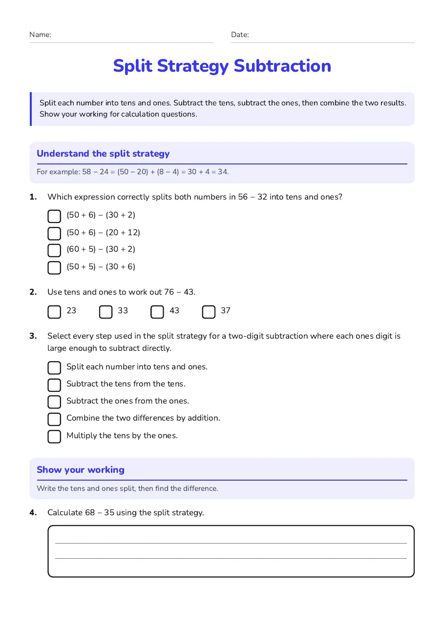 Split Strategy Subtraction, page 1 of 3: Understand the split strategy, Show your working