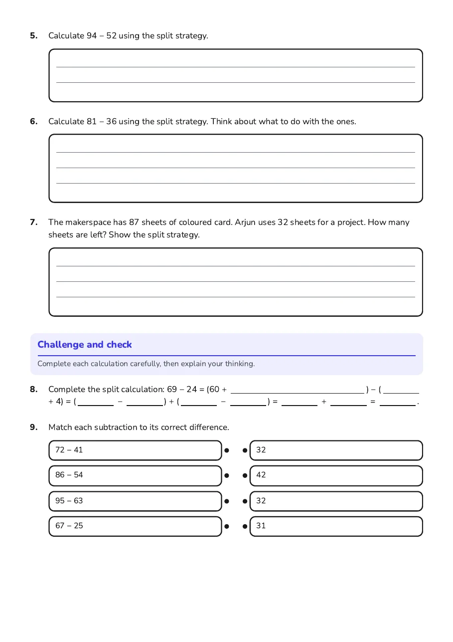 Split Strategy Subtraction, page 2 of 3: Challenge and check