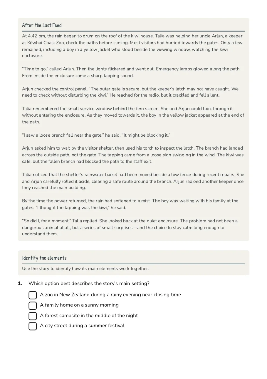 Story Elements Analysis Worksheet, page 2 of 4: After the Last Feed, Identify the elements