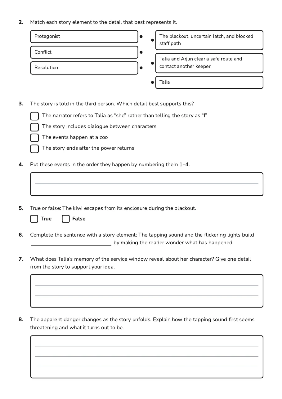 Story Elements Analysis Worksheet, page 3 of 4: 2. Match each story element to the detail that best represents it.