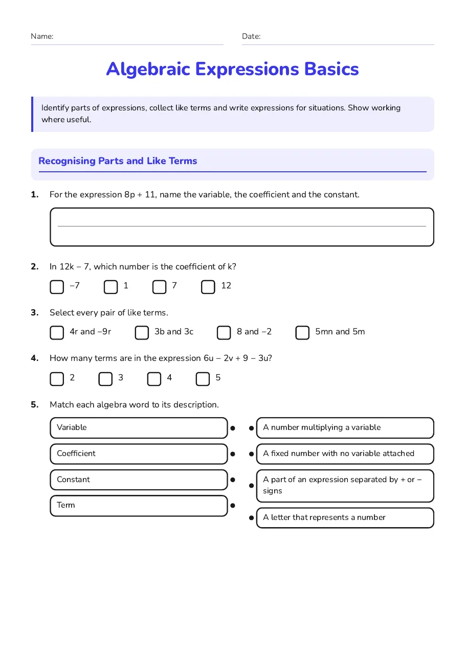 Algebraic Expressions Basics, page 1 of 3: Recognising Parts and Like Terms