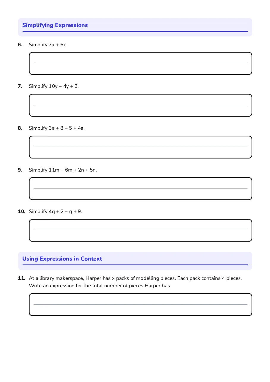 Algebraic Expressions Basics, page 2 of 3: Simplifying Expressions, Using Expressions in Context