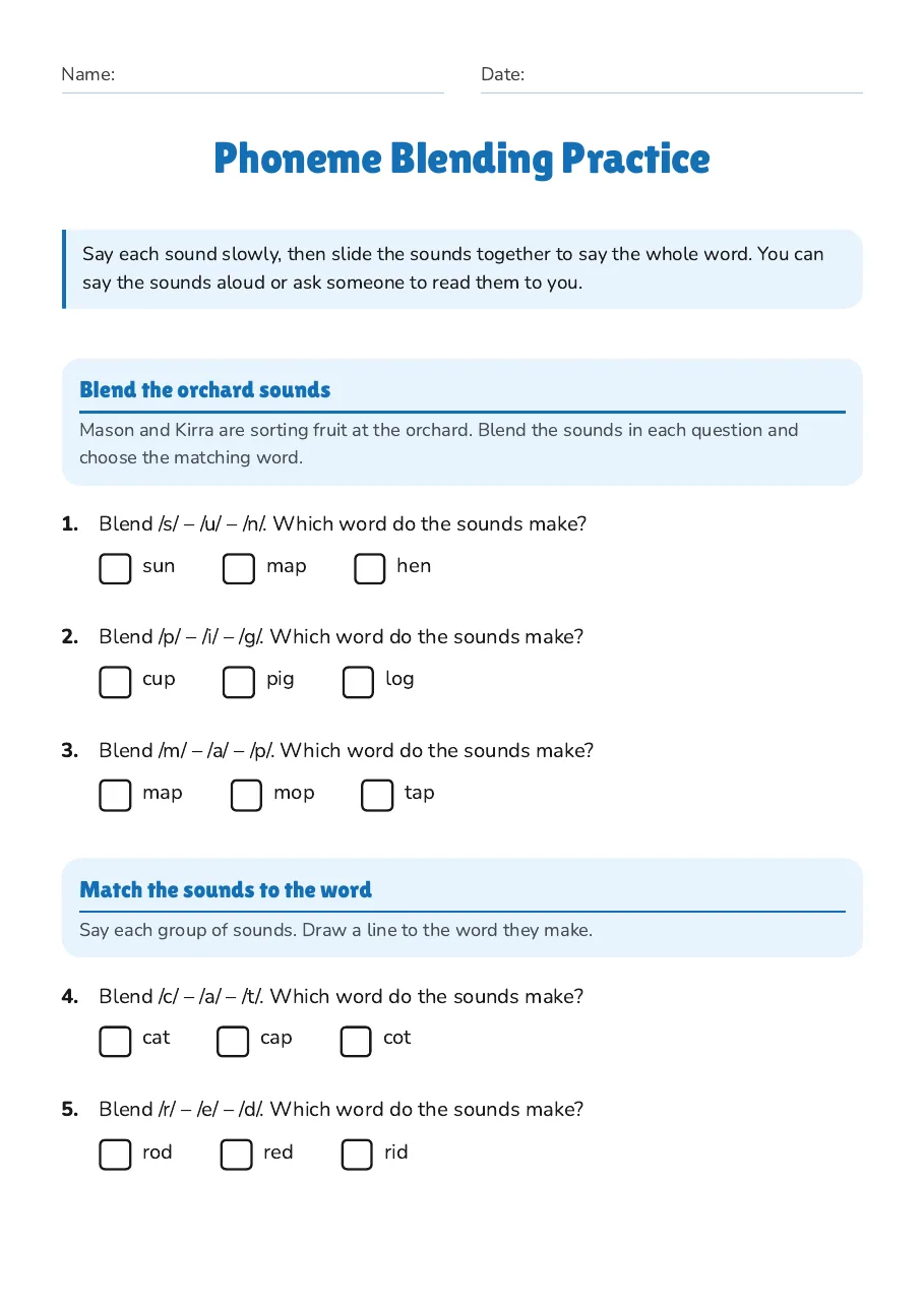Phoneme Blending Practice, page 1 of 2: Blend the orchard sounds, Match the sounds to the word