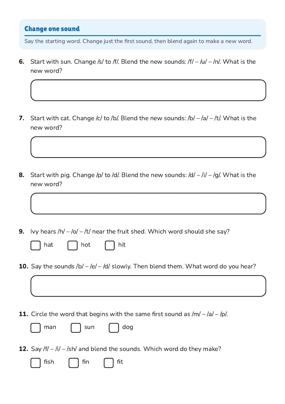 Phoneme Blending Practice, page 2 of 2: Change one sound