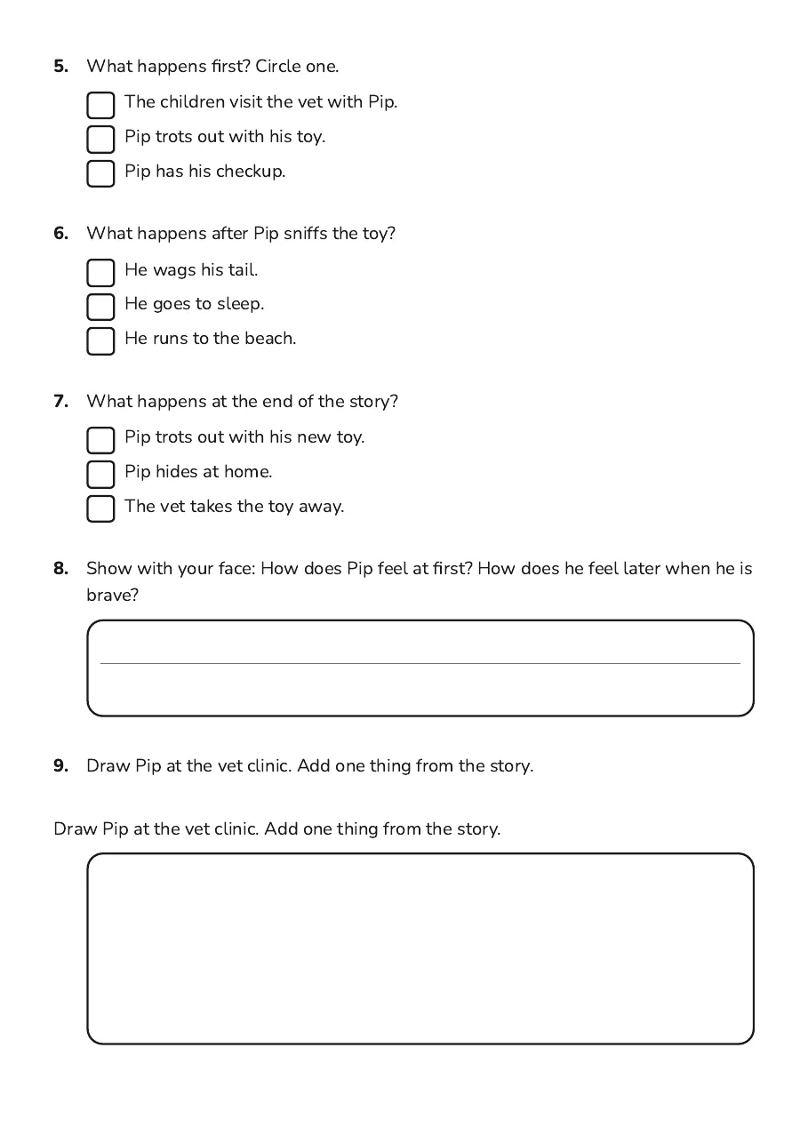 Story Elements Practice, page 2 of 2: 5. What happens first? Circle one.