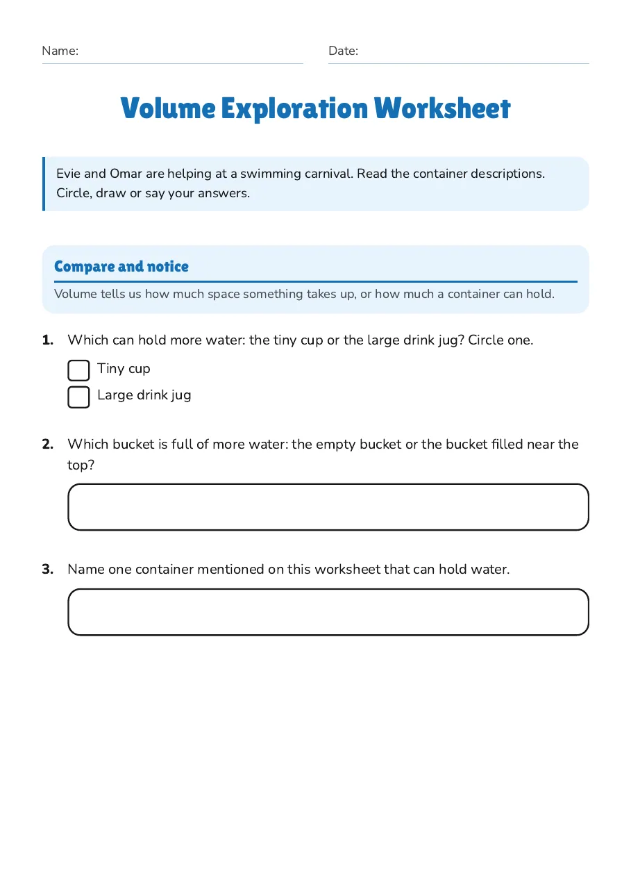Volume Exploration Worksheet, page 1 of 3: Compare and notice