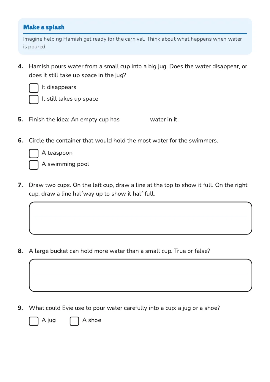 Volume Exploration Worksheet, page 2 of 3: Make a splash