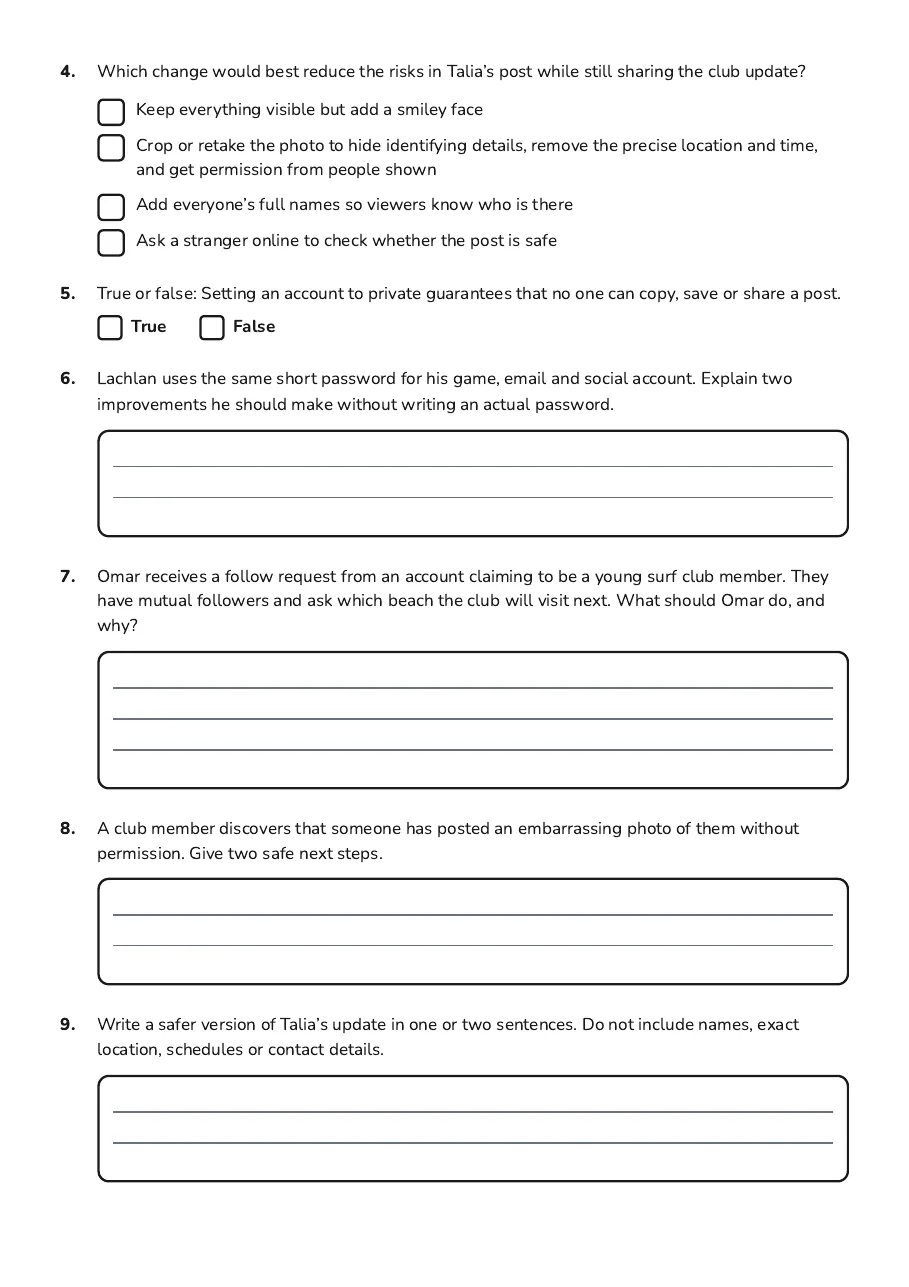 Understanding Digital Identity, page 2 of 3: 4. Which change would best reduce the risks in Talia’s post while still sharing the club…