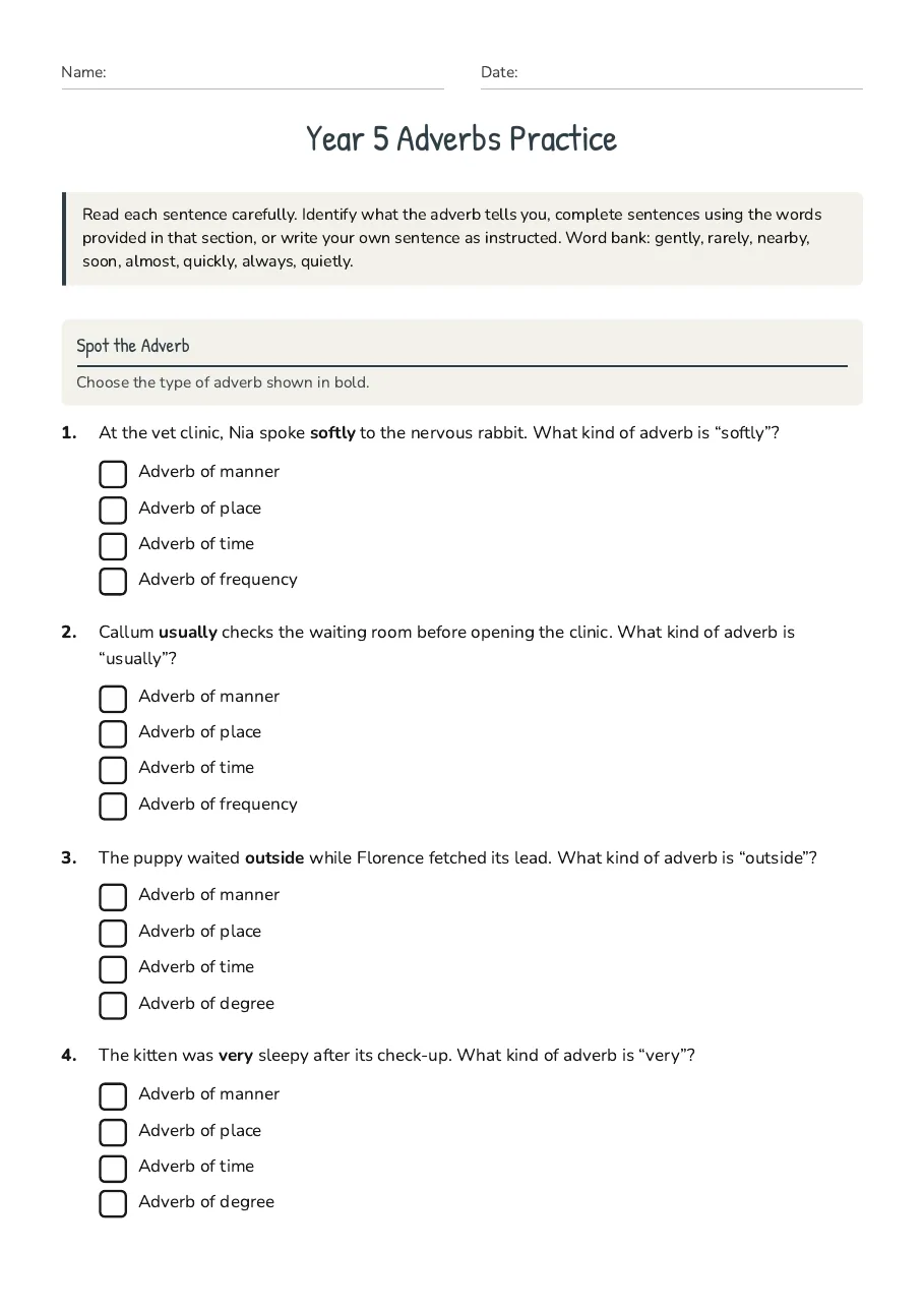 Year 5 Adverbs Practice, page 1 of 2: Spot the Adverb