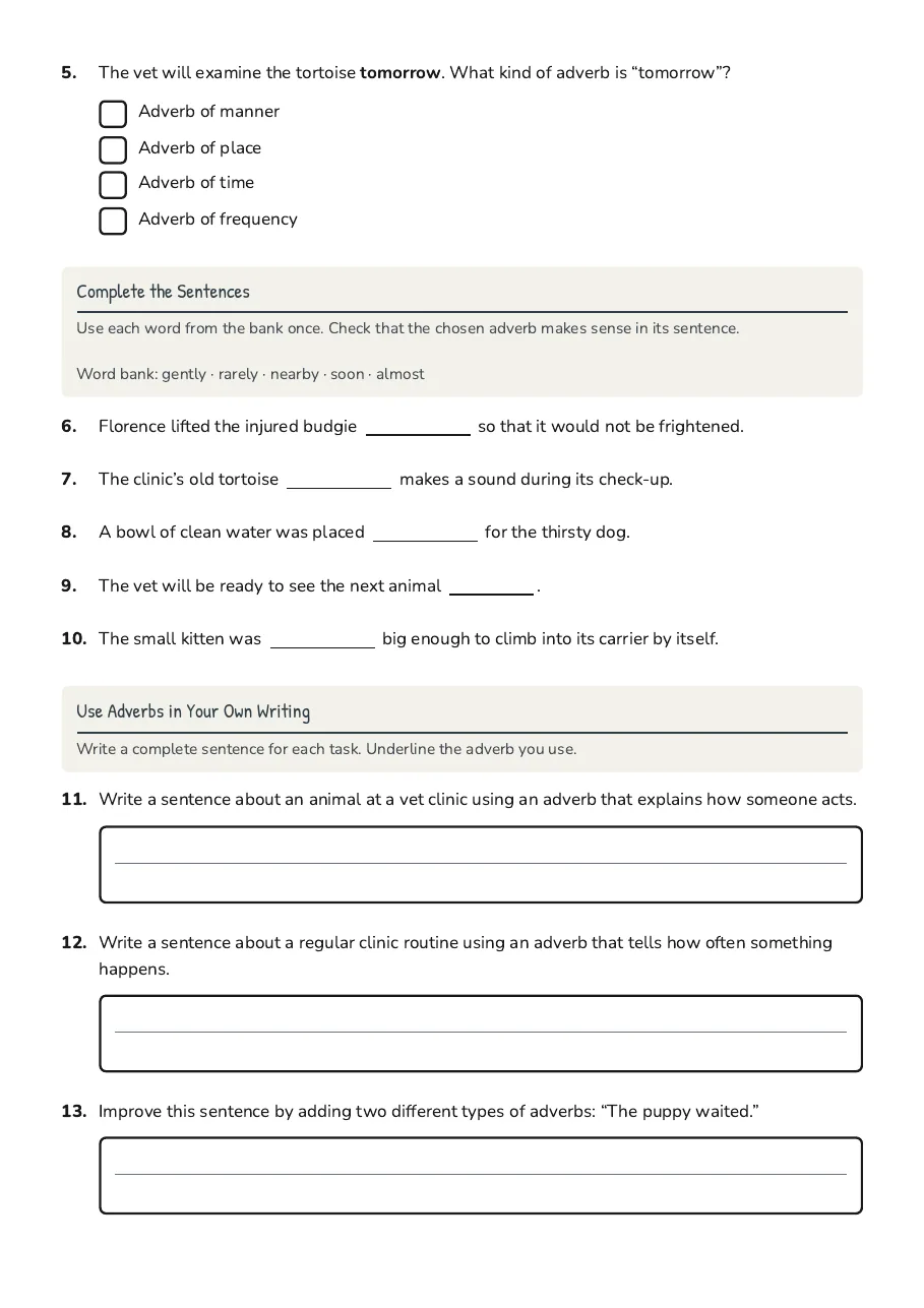 Year 5 Adverbs Practice, page 2 of 2: Complete the Sentences, Use Adverbs in Your Own Writing