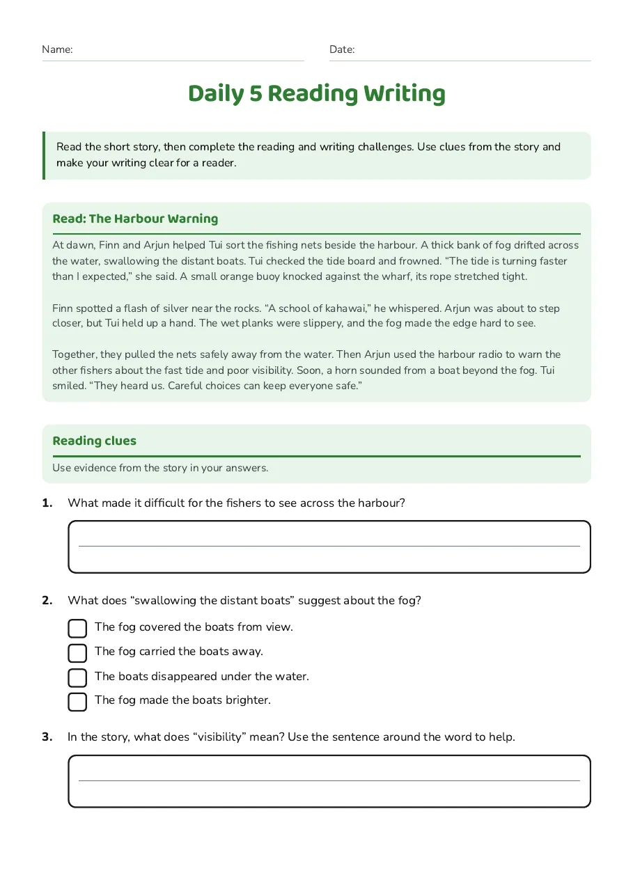 Daily 5 Reading Writing, page 1 of 3: Read: The Harbour Warning, Reading clues