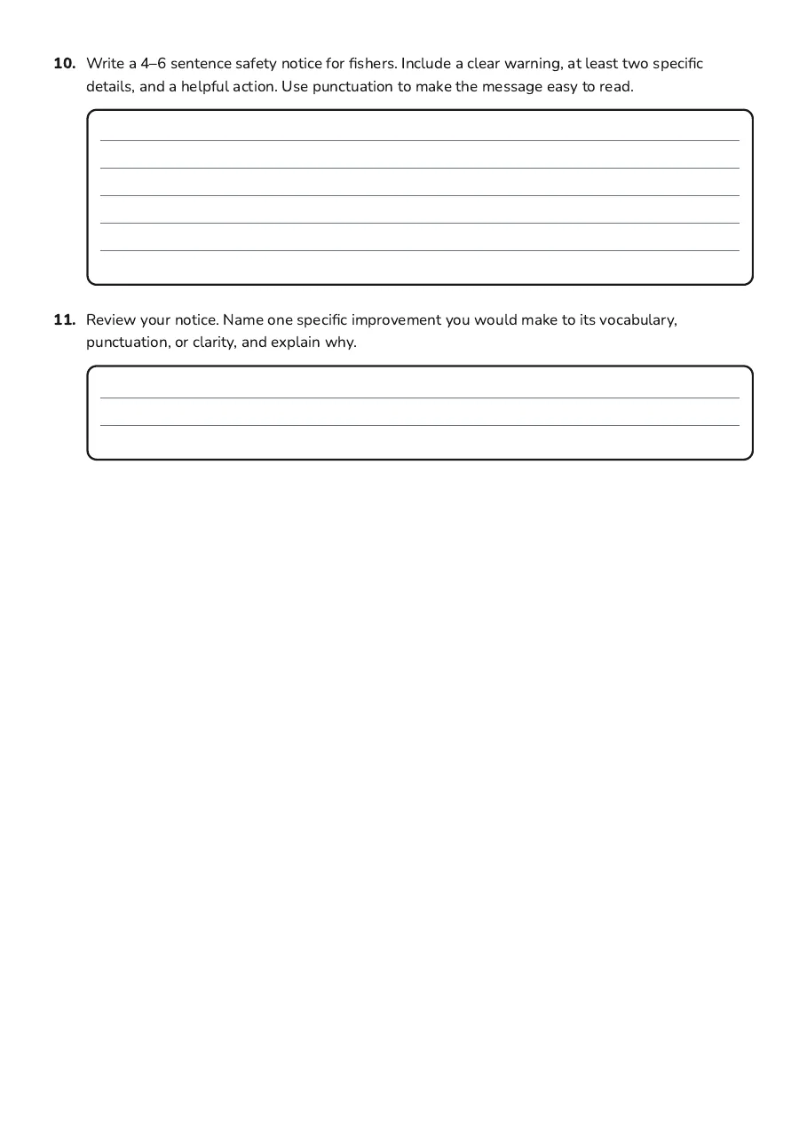 Daily 5 Reading Writing, page 3 of 3: 10. Write a 4–6 sentence safety notice for fishers. Include a clear warning, at least two…