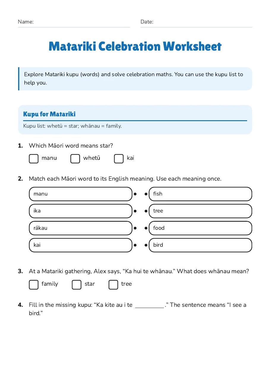 Matariki Celebration Worksheet, page 1 of 2: Kupu for Matariki