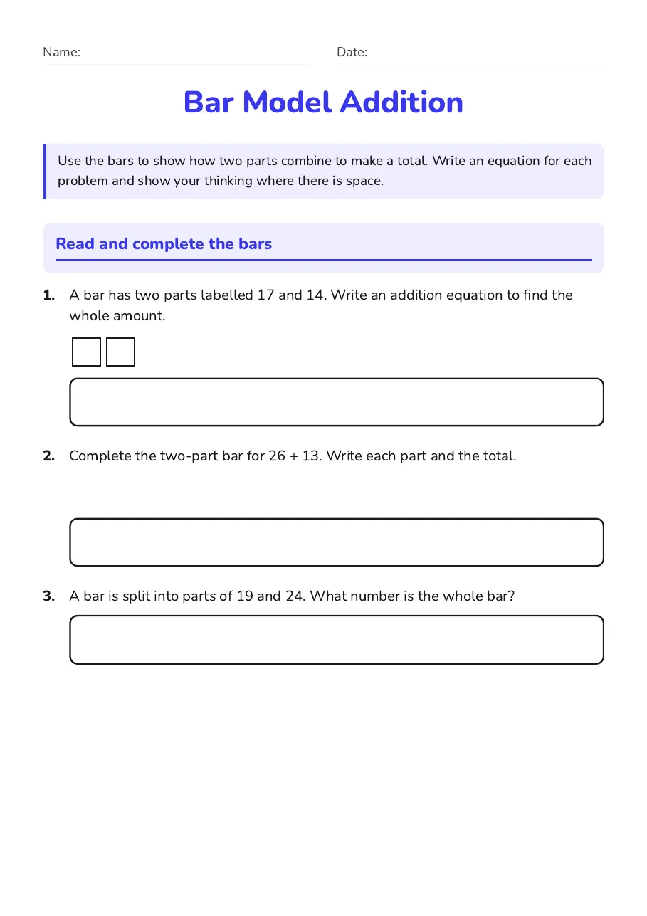 Bar Model Addition, page 1 of 3: Read and complete the bars