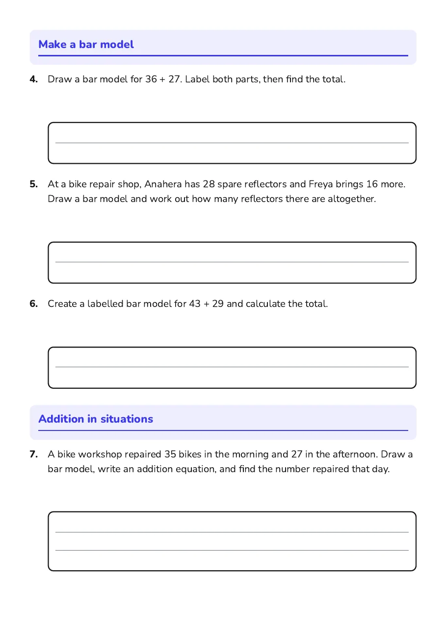 Bar Model Addition, page 2 of 3: Make a bar model, Addition in situations