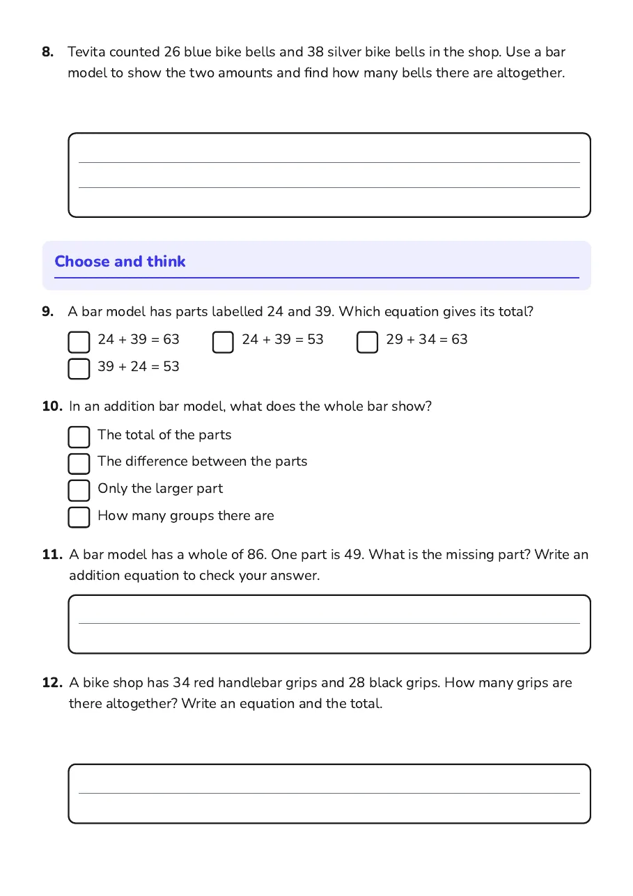 Bar Model Addition, page 3 of 3: Choose and think
