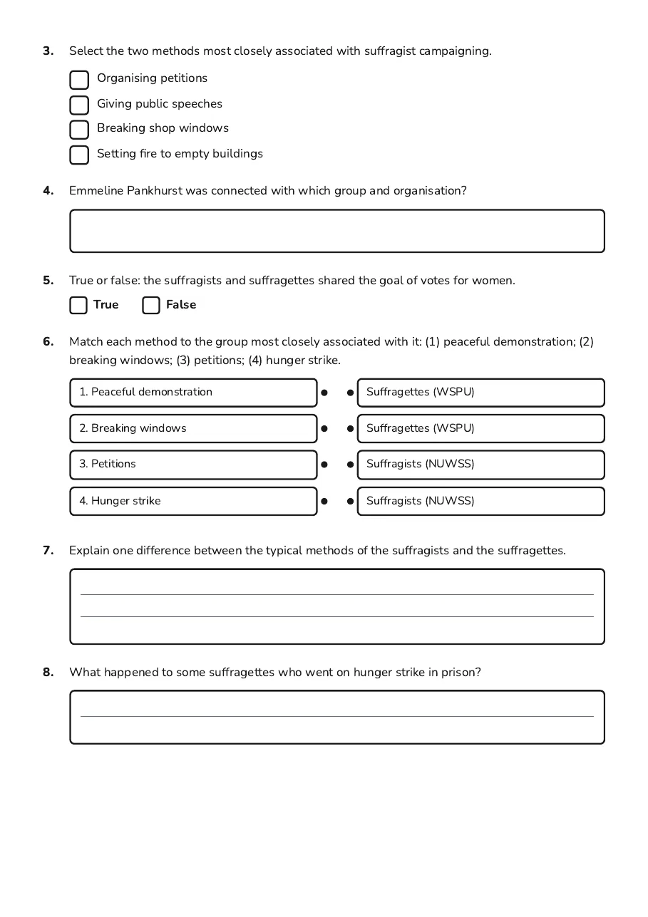 Suffragists vs Suffragettes Methods, page 2 of 3: 3. Select the two methods most closely associated with suffragist campaigning.