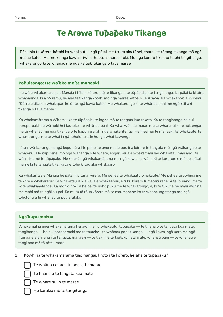 Te Arawa Tūpāpaku Tikanga, page 1 of 3: Pānuitanga: He wā ako mō te manaaki, Ngā kupu matua