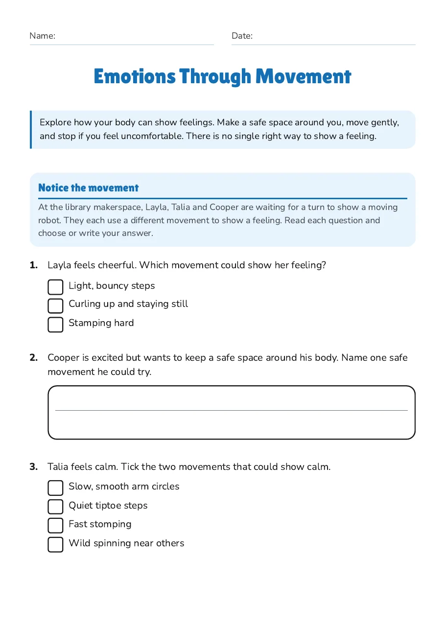 Emotions Through Movement, page 1 of 3: Notice the movement