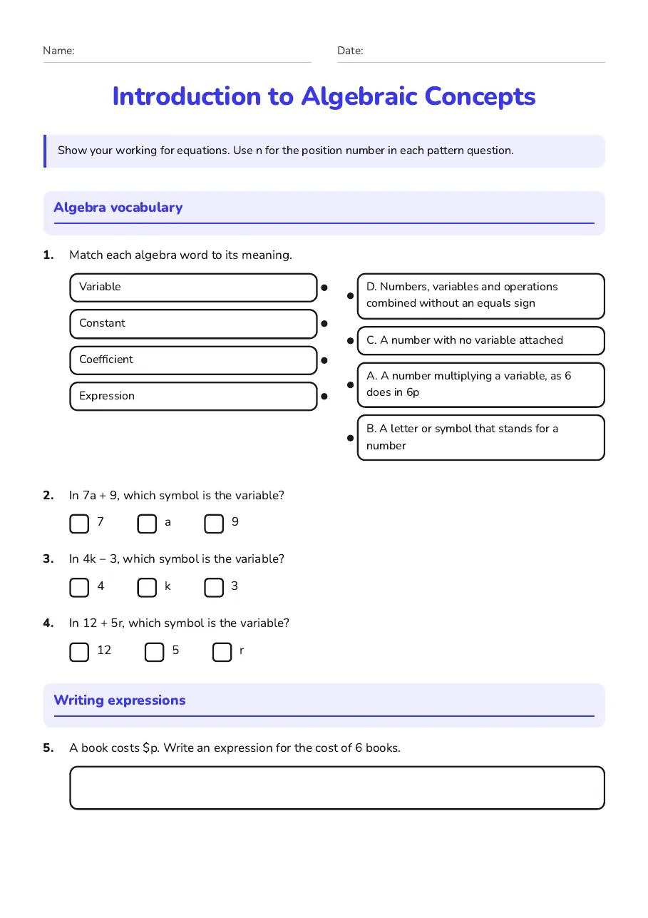 Introduction to Algebraic Concepts, page 1 of 4: Algebra vocabulary, Writing expressions