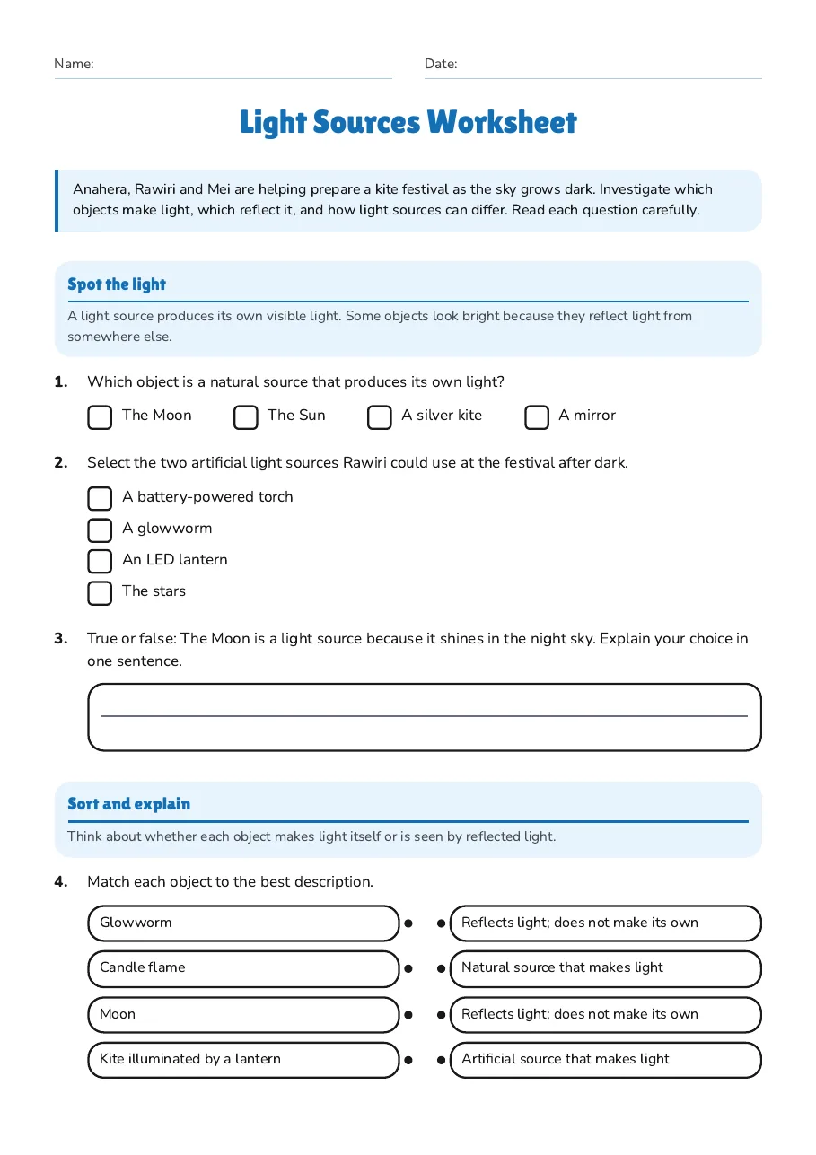 Light Sources Worksheet, page 1 of 2: Spot the light, Sort and explain