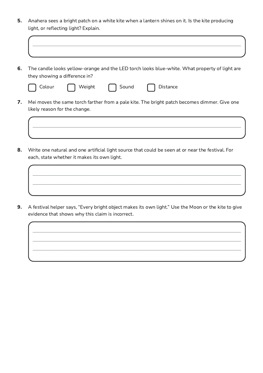 Light Sources Worksheet, page 2 of 2: 5. Anahera sees a bright patch on a white kite when a lantern shines on it. Is the kite…