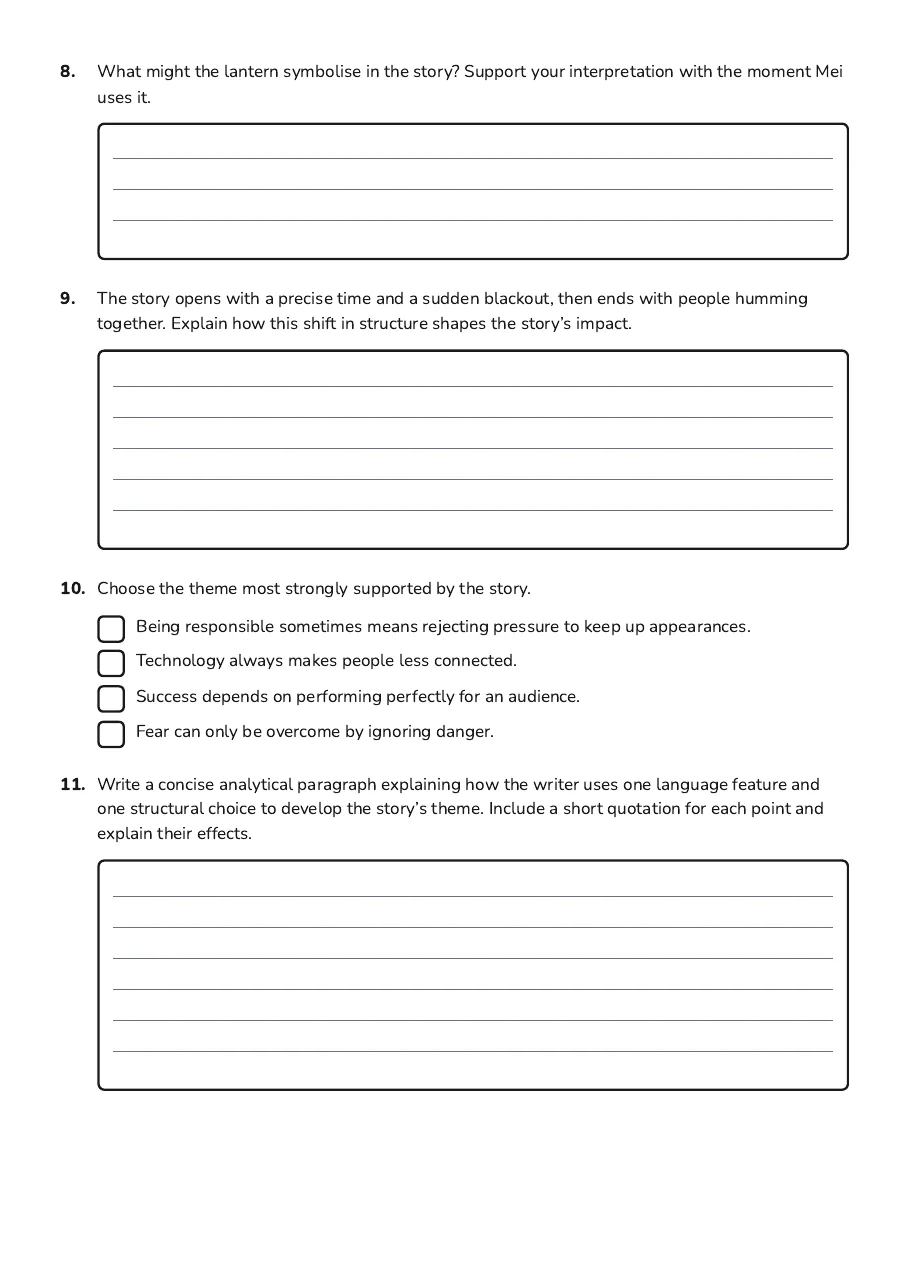 Short Story Analysis, page 4 of 4: 8. What might the lantern symbolise in the story? Support your interpretation with the…