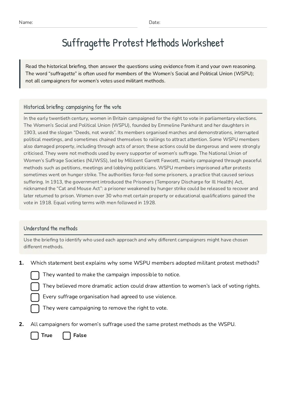 Suffragette Protest Methods Worksheet, page 1 of 3: Historical briefing: campaigning for the vote, Understand the methods