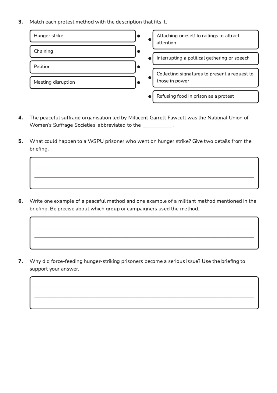 Suffragette Protest Methods Worksheet, page 2 of 3: 3. Match each protest method with the description that fits it.