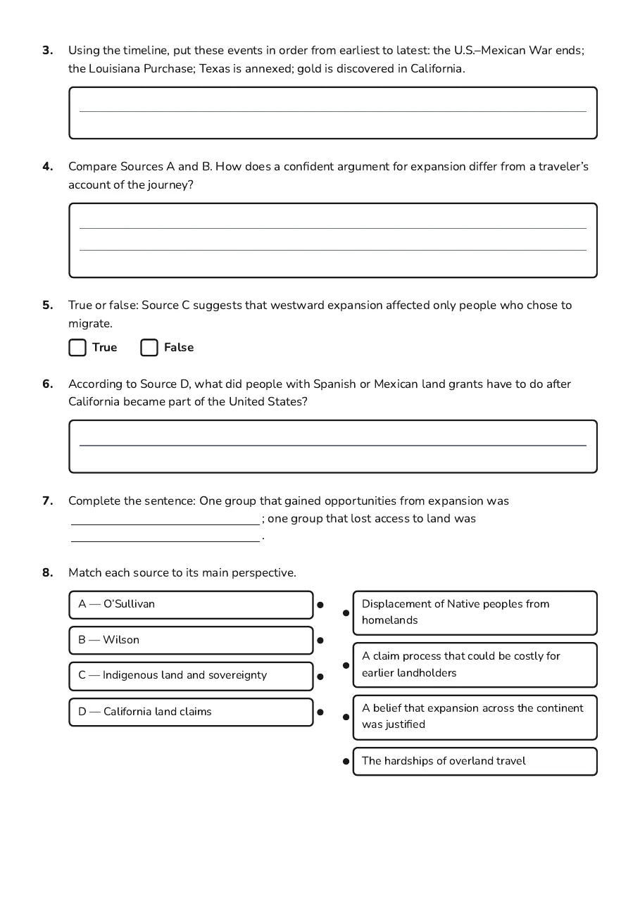 Westward Expansion Exploration, page 2 of 3: 3. Using the timeline, put these events in order from earliest to latest: the…