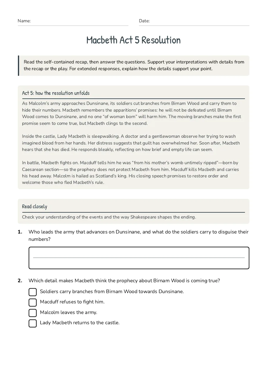 Macbeth Act 5 Resolution, page 1 of 3: Act 5: how the resolution unfolds, Read closely