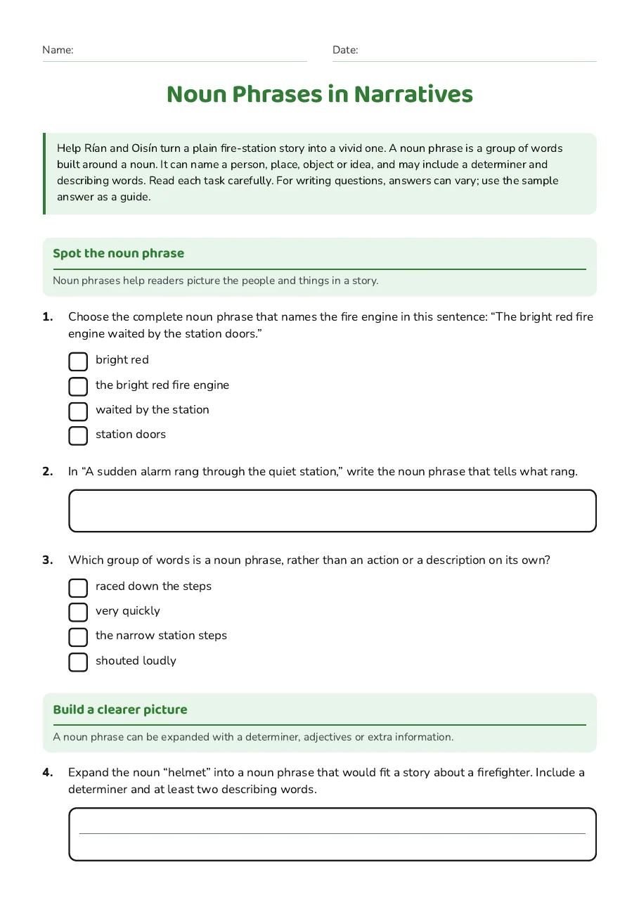 Noun Phrases in Narratives, page 1 of 3: Spot the noun phrase, Build a clearer picture