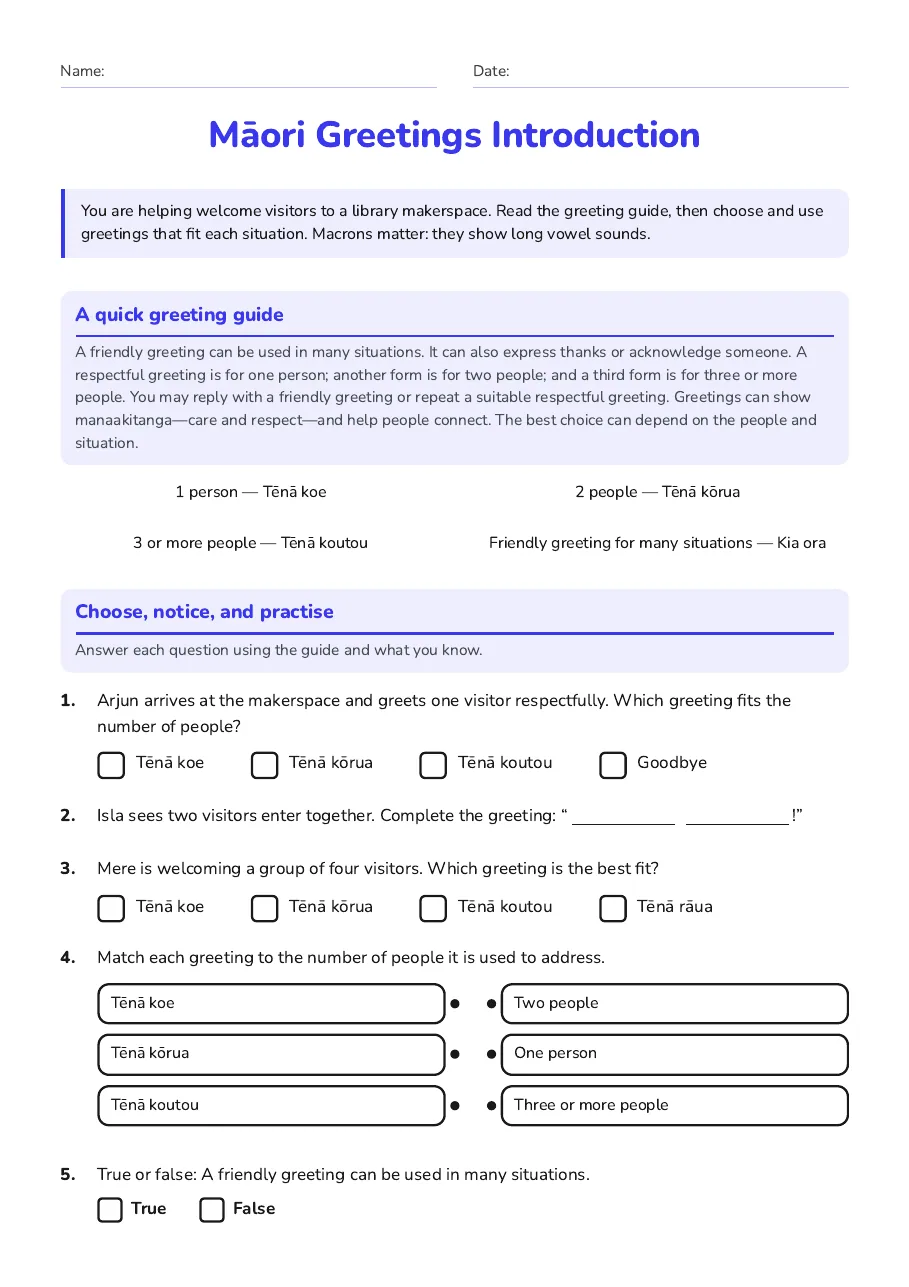 Māori Greetings Introduction, page 1 of 2: A quick greeting guide, Choose, notice, and practise