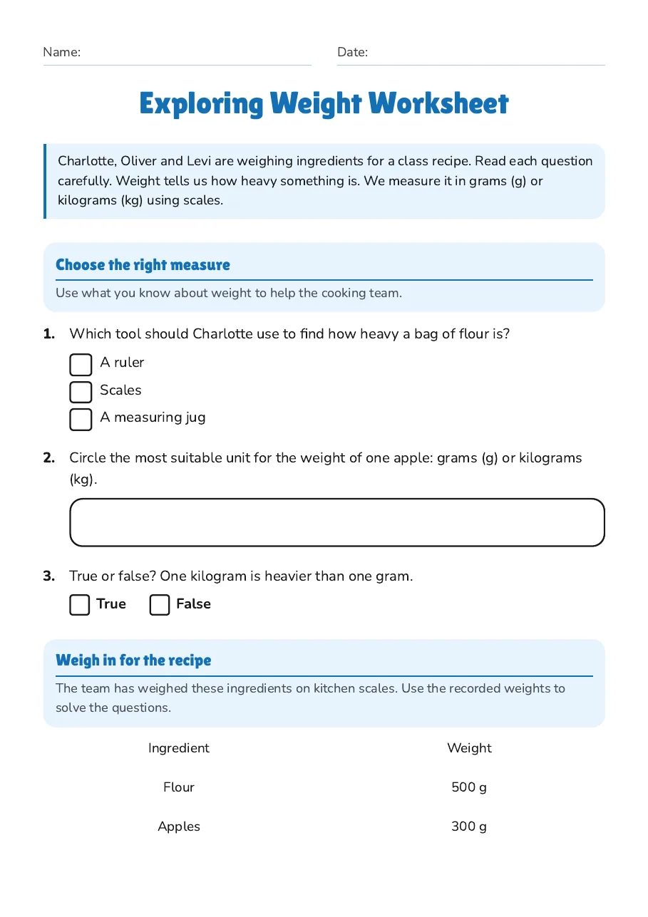 Exploring Weight Worksheet, page 1 of 2: Choose the right measure, Weigh in for the recipe