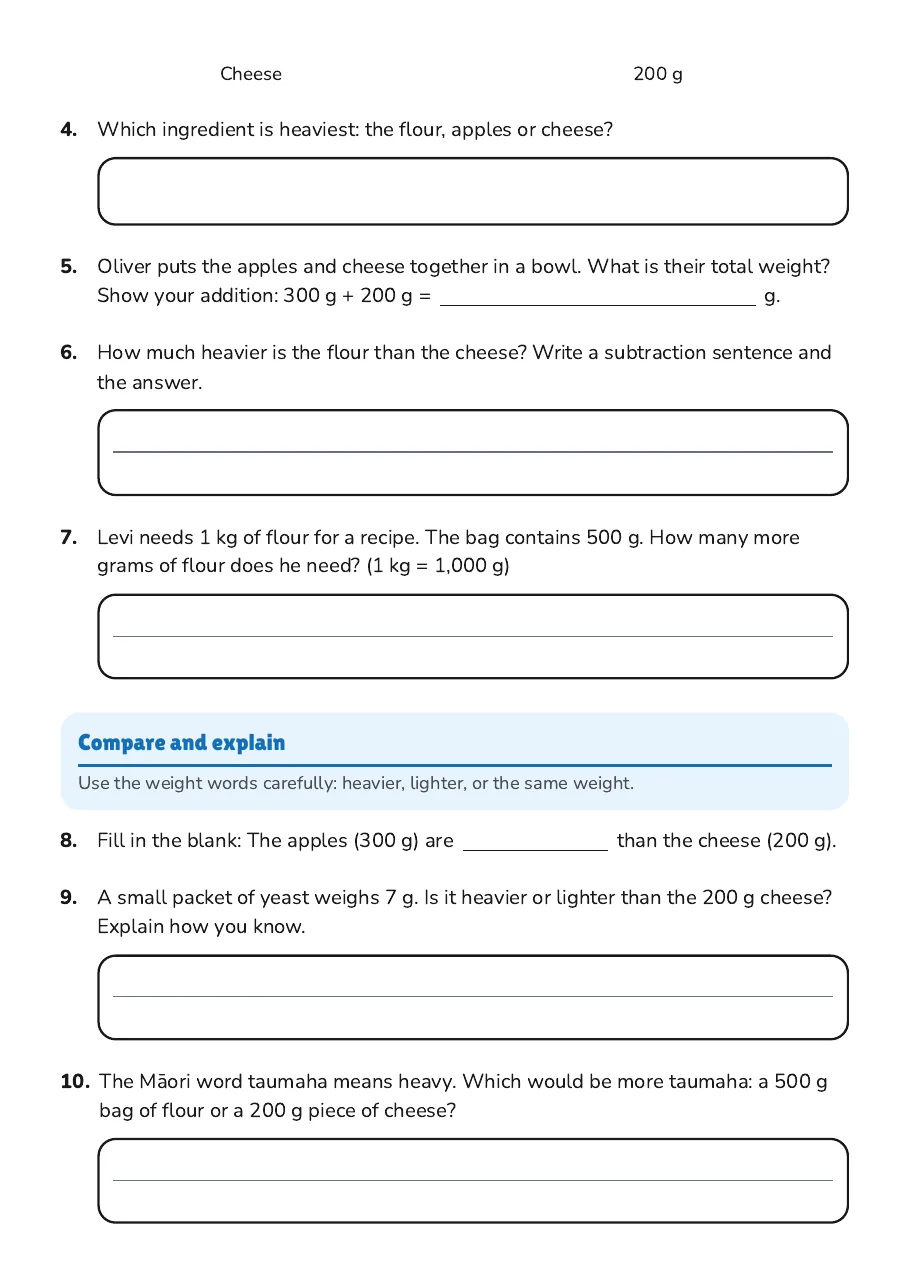 Exploring Weight Worksheet, page 2 of 2: Compare and explain