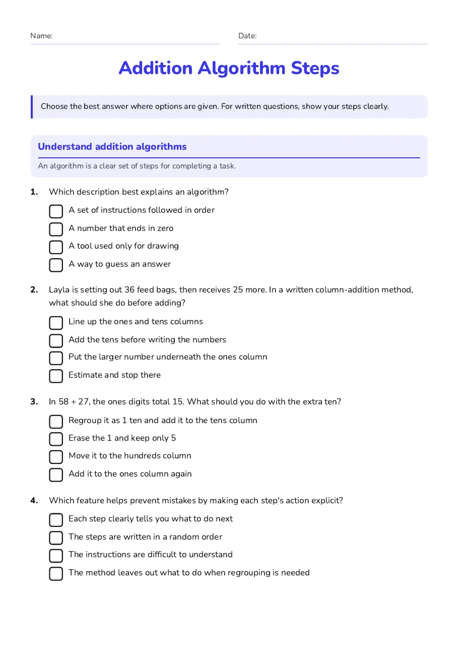 Addition Algorithm Steps, page 1 of 3: Understand addition algorithms