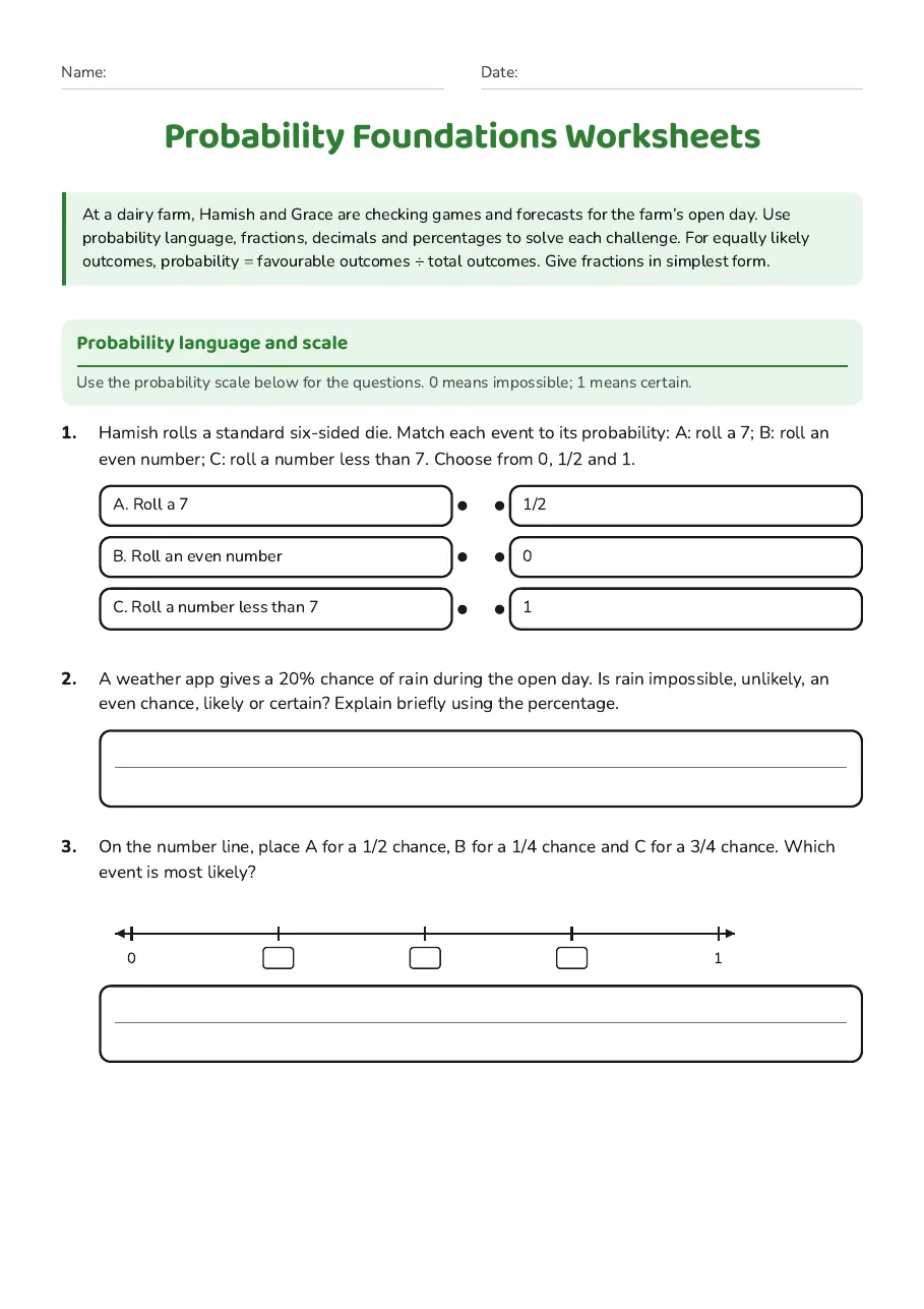 Probability Foundations Worksheets, page 1 of 3: Probability language and scale