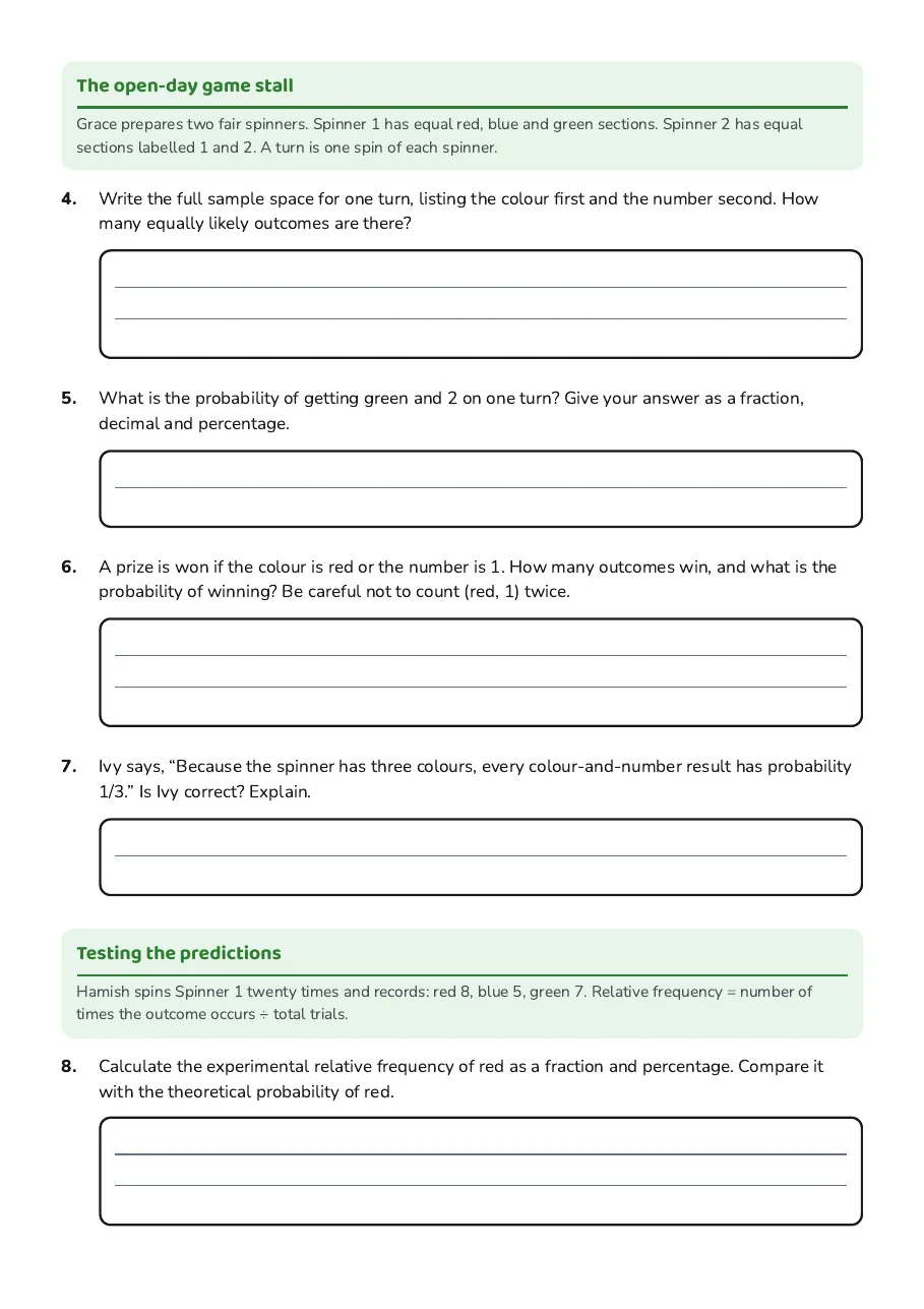 Probability Foundations Worksheets, page 2 of 3: The open-day game stall, Testing the predictions
