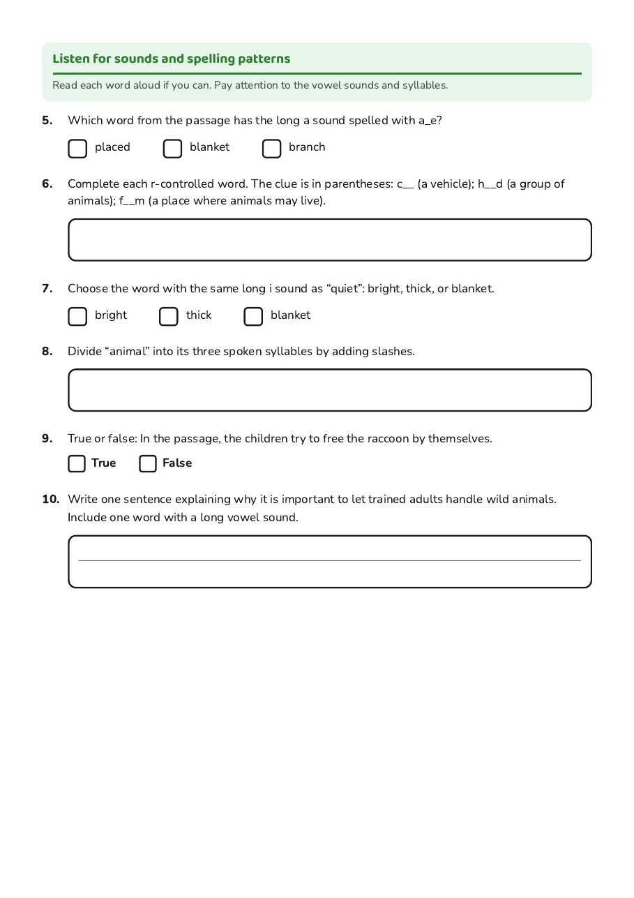 Reading & Phonics Practice, page 2 of 2: Listen for sounds and spelling patterns