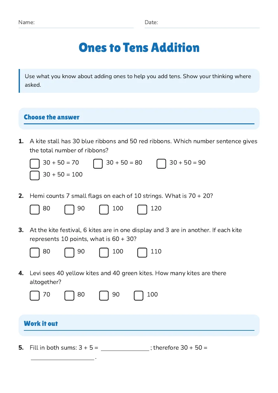 Ones to Tens Addition, page 1 of 2: Choose the answer, Work it out