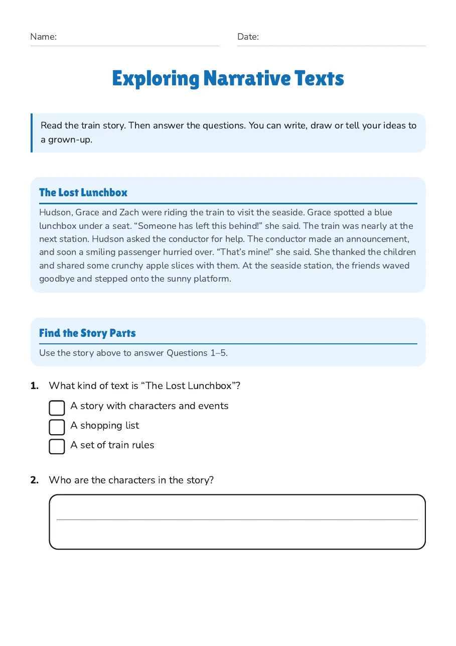 Exploring Narrative Texts, page 1 of 3: The Lost Lunchbox, Find the Story Parts