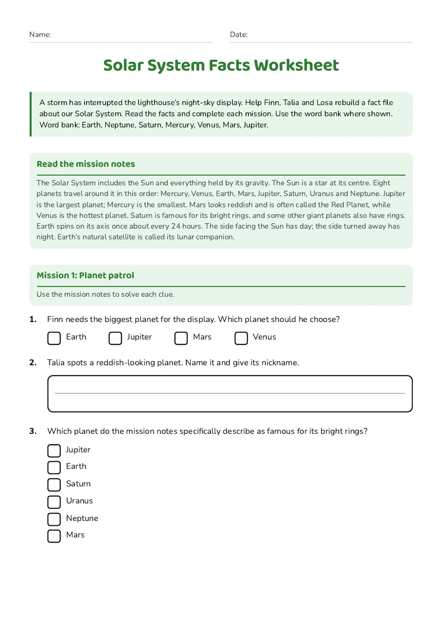 Solar System Facts Worksheet, page 1 of 3: Read the mission notes, Mission 1: Planet patrol