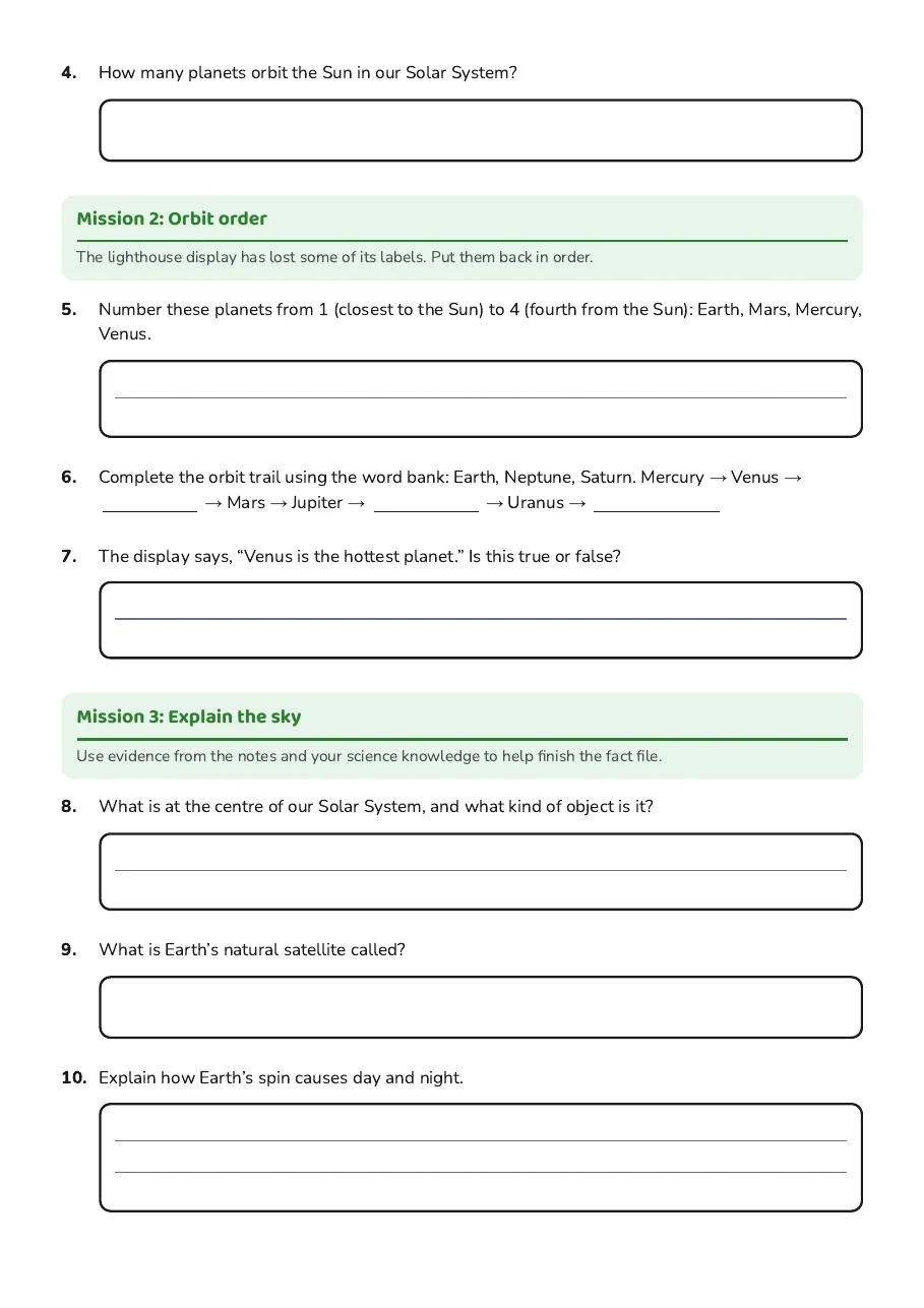 Solar System Facts Worksheet, page 2 of 3: Mission 2: Orbit order, Mission 3: Explain the sky